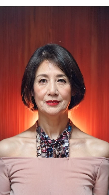 Masterpiece, ((Great focus)), Beautiful finish, Beautiful mature woman, 58-year-old woman, Face close-up, Sharp Eyes, Long face, (Thin and high nose), Red lips, Thin lips, Golden sequin dress, Light from the front,