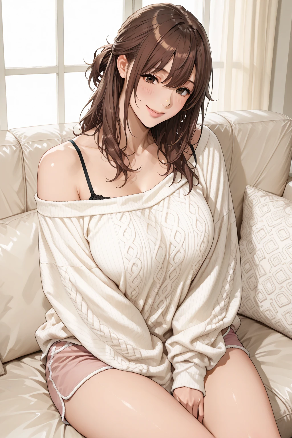 (table top, highest quality, High resolution, , perfect pixel, 4k,), 1 girl, single, alone, Beautiful woman、I could see the whole body、 ((wavy middle hair, bangs, brown hair)), ((brown eyes, beautiful eyelashes, realistic eyes)), ((detailed face, blush:1.2)), ((smooth texture:0.75, realistic texture:0.65, realistic:1.1, Anime CG style)), medium breasts, dynamic angle, perfect body, ((, beige off shoulder sweater、Tight denim skirt、black stockings、cute necklace、earrings、)), upper grade、shy smile、Luxury hotel room、sleep on your back in bed、((open legs))、angle from below、Put your arms together to accentuate your cleavage、、((Pink lace panties are visible))、