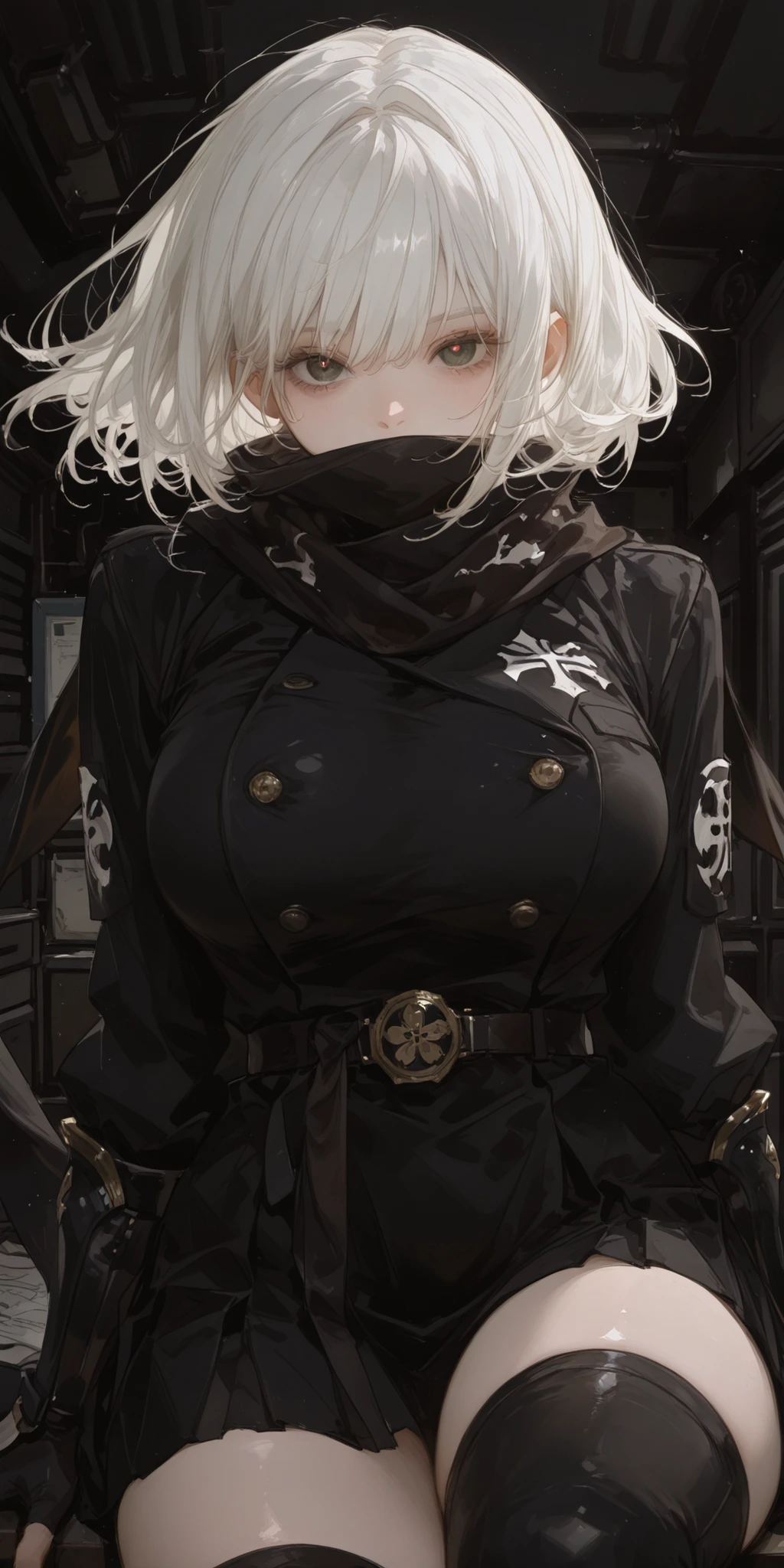 best quality, masterpiece, ultra detailed, atnr, SagawaStyle, 748cmstyle, 1girl, (floating breasts:1.4), large breast, sweet, white hair, shiny skin, overly detailed pupils, Japanese ninja, scarf, covered mouth, (dark office background:1.3)