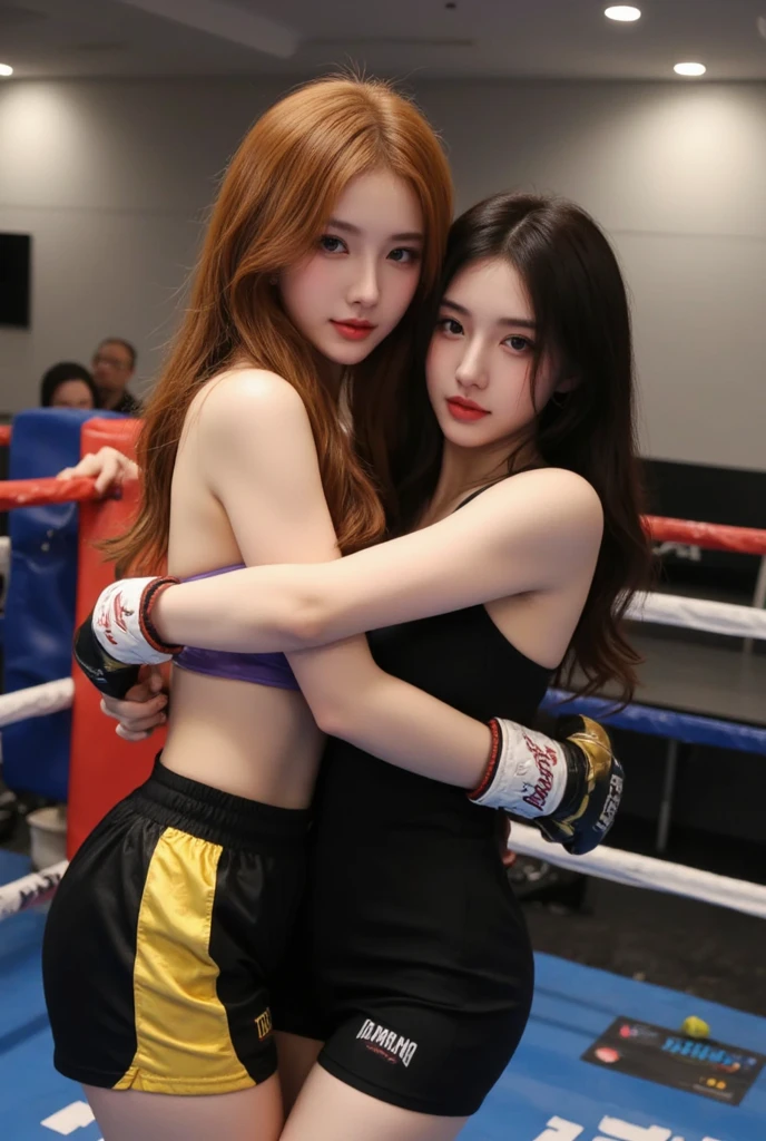 ((masterpiece: 1.4, best quality))+,(ultra detail)+, official art, unity 8k wallpaper, ultra detail, beautiful, high quality, Highlight your cute face, masterpiece, best quality, semi straight medium length hair, (((Always in the pro wrestling ring))), (both completely naked:1.5)), (((From head to thighs:1.5))), High exposure, skinny body,masterpiece, high quality, 8 thousand, beautiful spotlight, no. no. No. 1 girl group idol in Korea, ((vivid:1.5)), ((brown eyes, yellow hair:1.3)), (Small and round breasts:1.3), ((colorful earrings)), 18 years old, small face, looking at viewer, (hairpin with larger ribbon:1.4),(skinny abs:1.4), (They look at each other and look very happy :1.5), Accurately distinguishes between the bodies and limbs of two people..:1.5, (reverse triangle shaped pubic hair : 1.3)