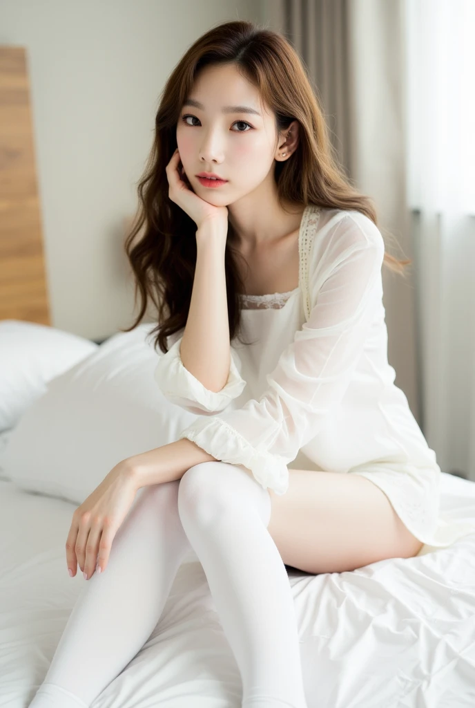 Wearing a white bra, light yarn, White lace, Asian woman with cream white skin sitting on sofa, model in Japan, f / 1. 9 6. 8 1 mm ISO 4 0, Wearing small white underwear, Woman with long hair, high quality portrait, The face of a beautiful girl in Japan, girl cute-fine face, Korean girl, portrait soft low light,