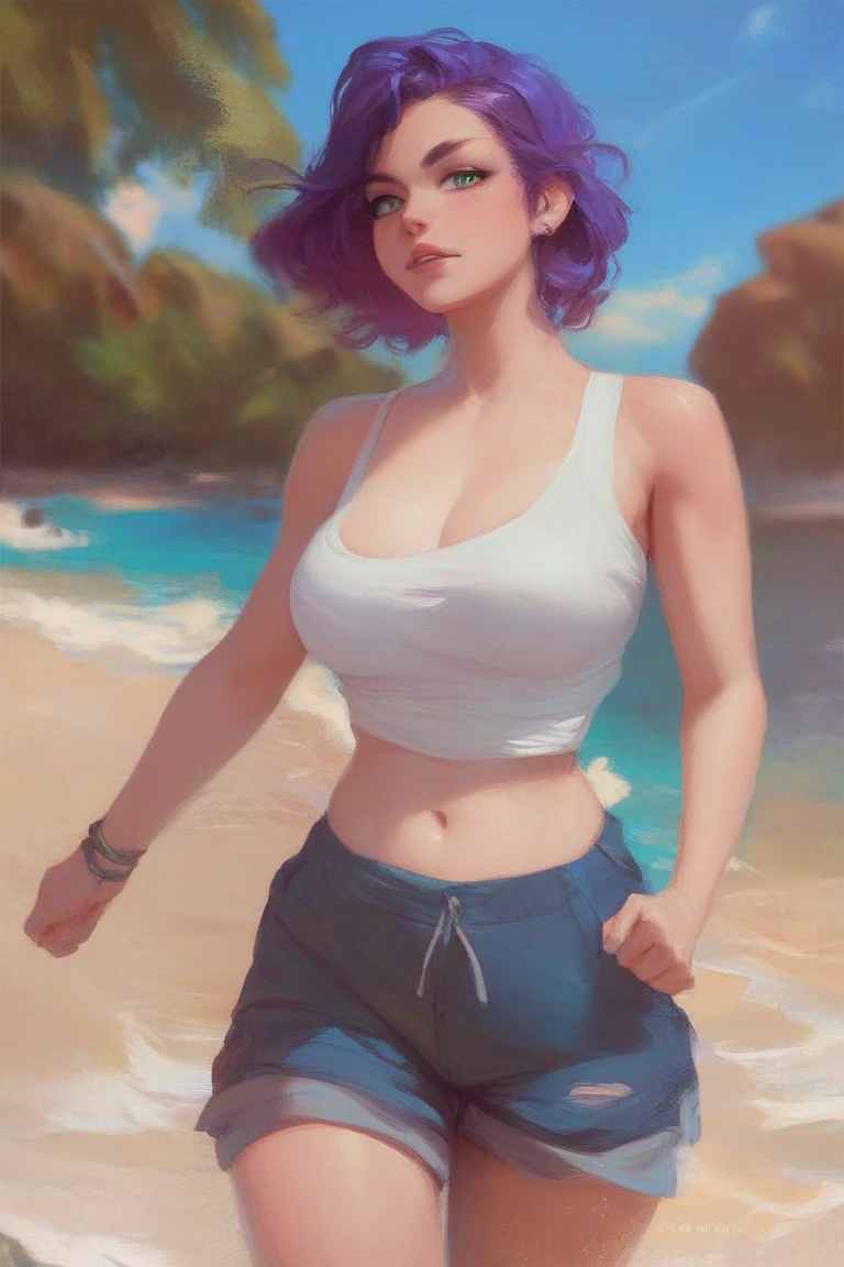 Beautiful medium breasts, 1girl, ((purple hair, wavy hair with bangs)) ((beautiful girl)) light green eyes, has an beautiful sensual body with freckles, with full breasts and thin waist, HIP HOP Beautiful and cute Women's short denim jumpsuit with belt, women's belt, fabric delicate, has a bold appearance. young, quality, realistic, best quality, cute expression, pink lipstick lips, sexy smile, leaning, on the beach