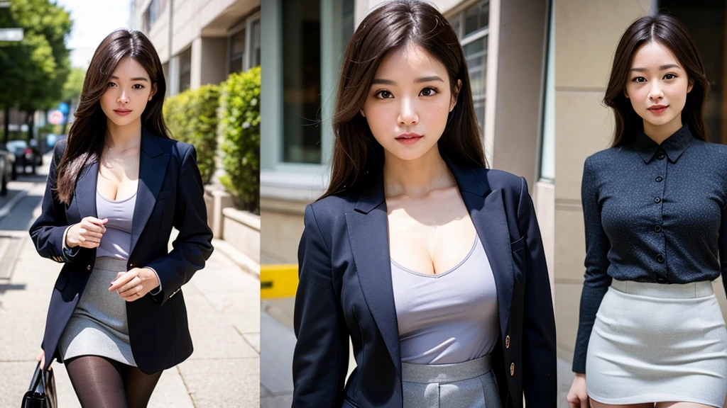 a 17 year old girl, she is the most beautiful actress in the world, the perfect body proportions of this girl, clothed large breasts, the blazer is worn on the shirt, her crotch area of the panties are hardly hidden by short skirt, it's just one description, it's just front of one body in one frame, no space between her head and top frame, the lower than her shins are out of bottom frame, she is standing at the city street, nsfw, best quality, highly detailed, masterpiece, ultra high res, photo realistic, 8k, RAW photo