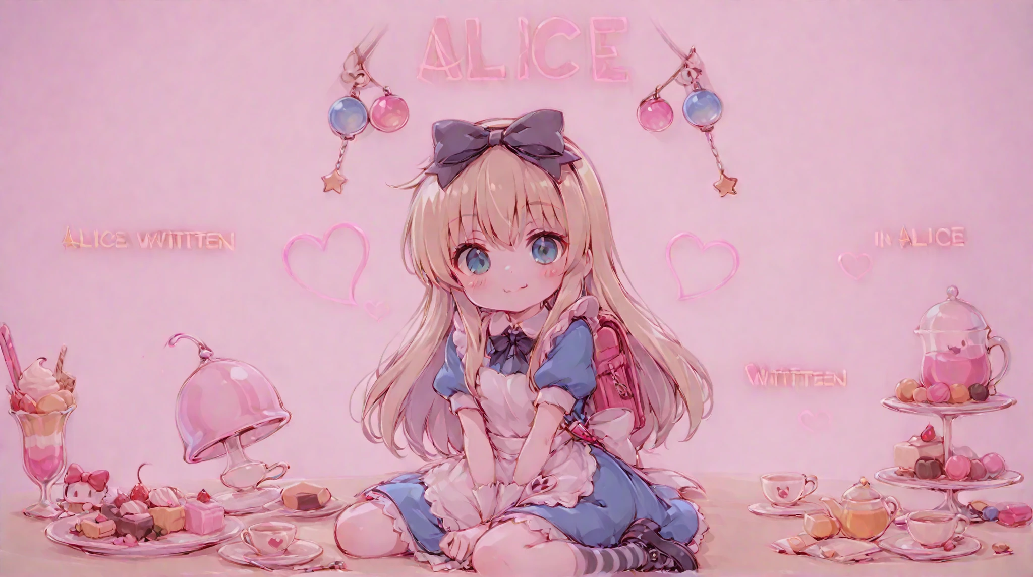 ((Alice written at the top of the image, in pastel pink letters, neon effect and with cute decorations around it 1:2)) A super cute illustration of Hello Kitty sitting down with a peace sign, wearing a pink plaid outfit and a small backpack. She is surrounded by colorful sweets like donuts, ice cream, , and pastel-colored decorations such as stars, moons, and tiny hearts. The background is a soft pastel pink, creating a dreamy, cheerful and kawaii atmosphere. The style is adorable, soft-shaded, rendered in ultra-HD, 4K quality, with smooth lines and vibrant yet gentle colors