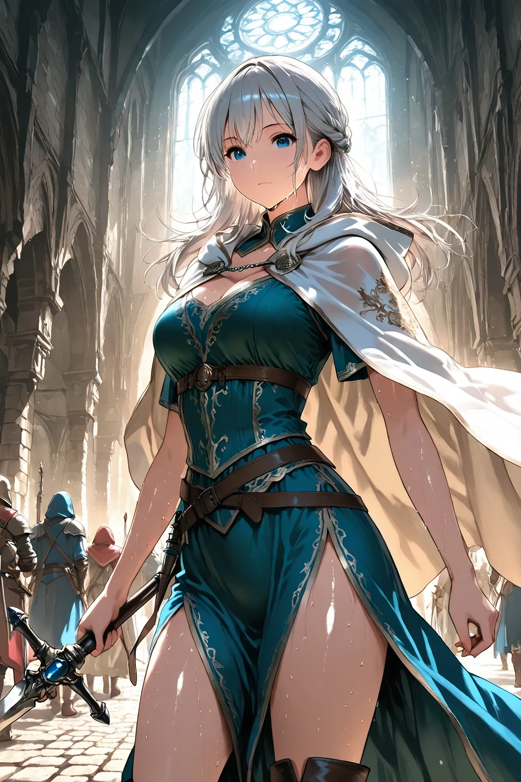 ((4k,masterpiece,best quality)), maxiskit, dress conservatively 1 girl, solo, standing, white hair, long hair, elf ears, Valkyrie, armor, angel, white bra, side bang, from front, extra size body, look at viewer