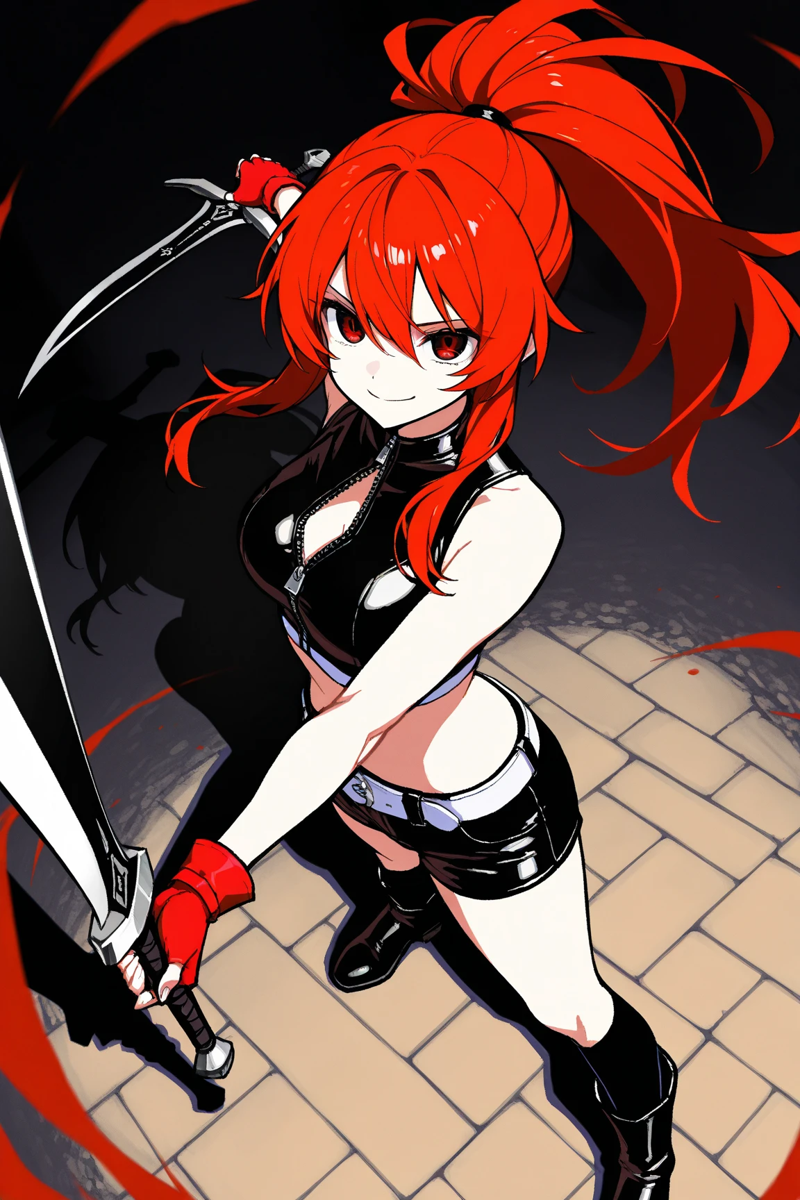 The image depicts a character, a sinister anime character with a cunning yet created aura. She is bloody, holding a knife and feeling deranged, resulting in anxiety and fear. The sight of ten at the same time is sexually exciting. Figure ragged but modern clothes in arcade, casual and street style. despite its dark nature, there is hidden beauty.