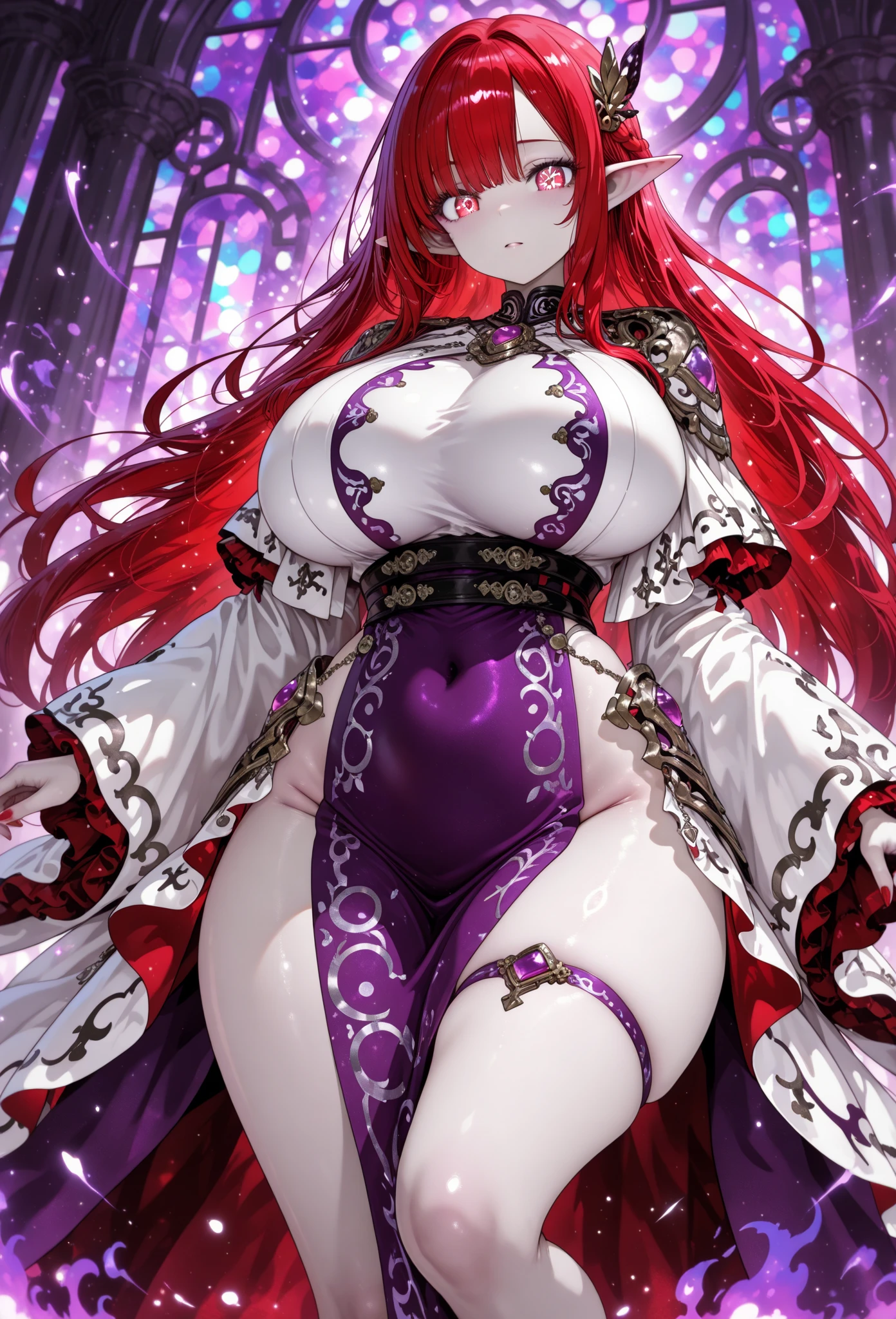 tmasterpiece, Best quality at best, 1个Giant Breast Girl, long whitr hair, large bust, very long red hair, yellow-eyed, see-through transparent clothes, ((white clothes)) Sateen, Wet with, of the skin, Ligeri, ((a sexy pose)), white clothes, no pant, fishnet stockings, jewely, Ruby earrings, Good anatomy, Red gloves, boots, high-heels, 's, Without feelings, Intimidating, blood vess, 詳細な目, deep dark background, closeup cleavage, ((Detailed eyes beautiful eyes, By bangs, Look head-on