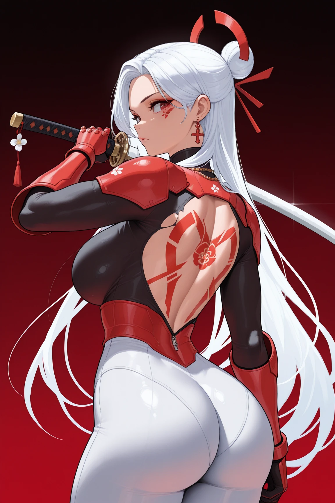 Kimetsu no Yaiba style, 1 mature, girl, red face markings, face tattoos, red eyes, a hashira, pretty, side bangs, red and white hair, white hair with red tips, red and white ombre hair, stylized hair, long hair, annoyed expression, noble, Pillar Demon Slayer, holding a sword, wearing black demon slayer uniform, black clothing, holding a red katana, large breasts, big breasts, cleavage showing, cleavage