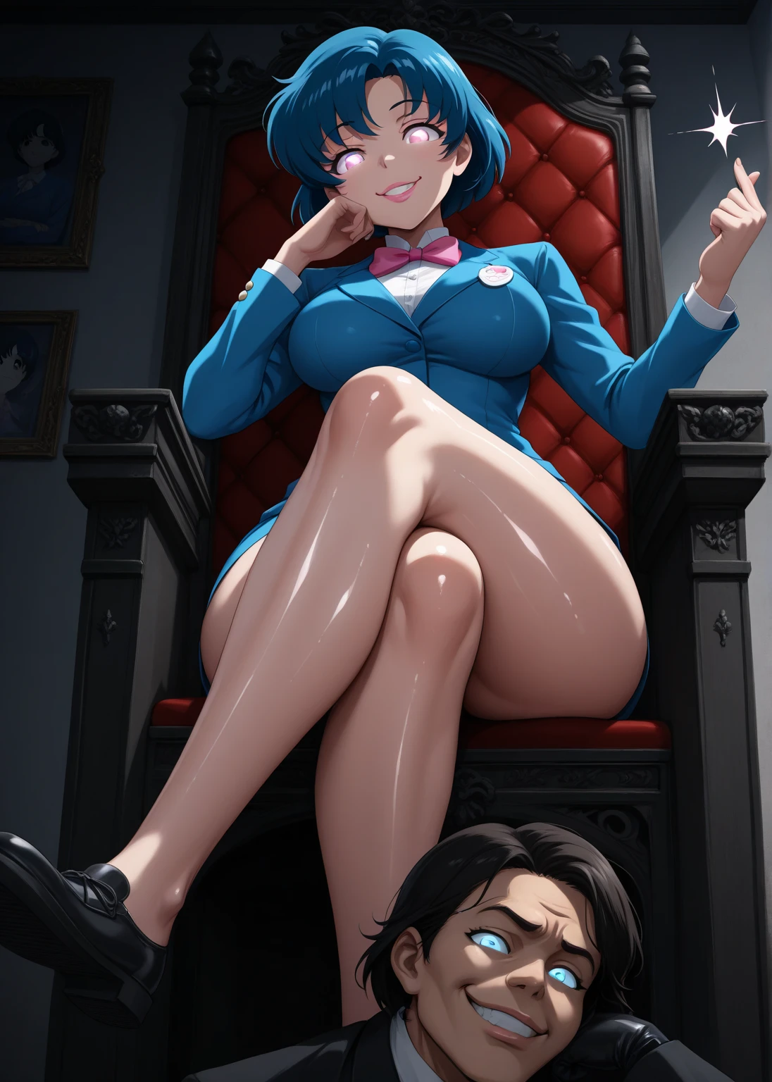 ((Best quality)), ((masterpiece)), (realistic), night time, 1girl, solo, topless, naked, futanari, large penis, veiny, erection, highly detailed blue glowing eyes, short hair, smooth skin, sitting, spreading legs, cleavage, ((extremely slutty)).