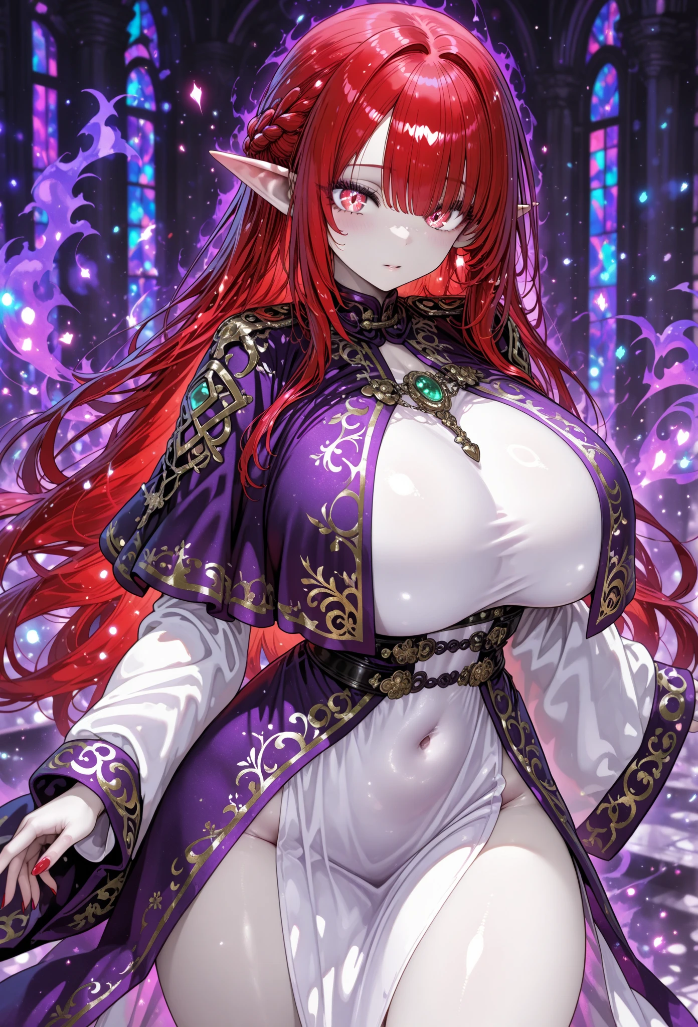 (best quality, 8K, high resolution, masterpiece:1.2), Digital Artwork, A girl, Delicate face, Delicateeyes, Pink Hair, Long straight hair, Glowing purple eyes, red lips, Suspenders, Fantasy Landscape, Vibrant colors, Soft Light, Whimsical atmosphere, Blooming flowers, floating long dress, fine details, Ethereal Background, Dreamy aura，、Huge breasts（10.0），Deep cleavage（10.0），Nipple protrusion（10.0），、Huge breasts（10.0），Deep cleavage（10.0），Nipple protrusion（10.0）Elf ears 、Huge Breasts（10.0），Deep cleavage（10.0），Protruding nipples（10.0）
