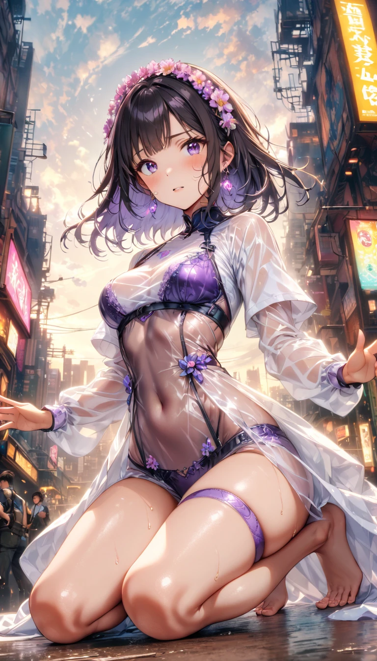 Residential street,A girl in a sheer, erotic lace dress with visible nipples, big chest, giant chest, without underwear, vagina visible, Crowd in underwear,Surrounded by paparazzi,Dance vigorously、Short pigtails,purple hair, big breasts, big ass, big glutes, flirtatious smile, sexual smile