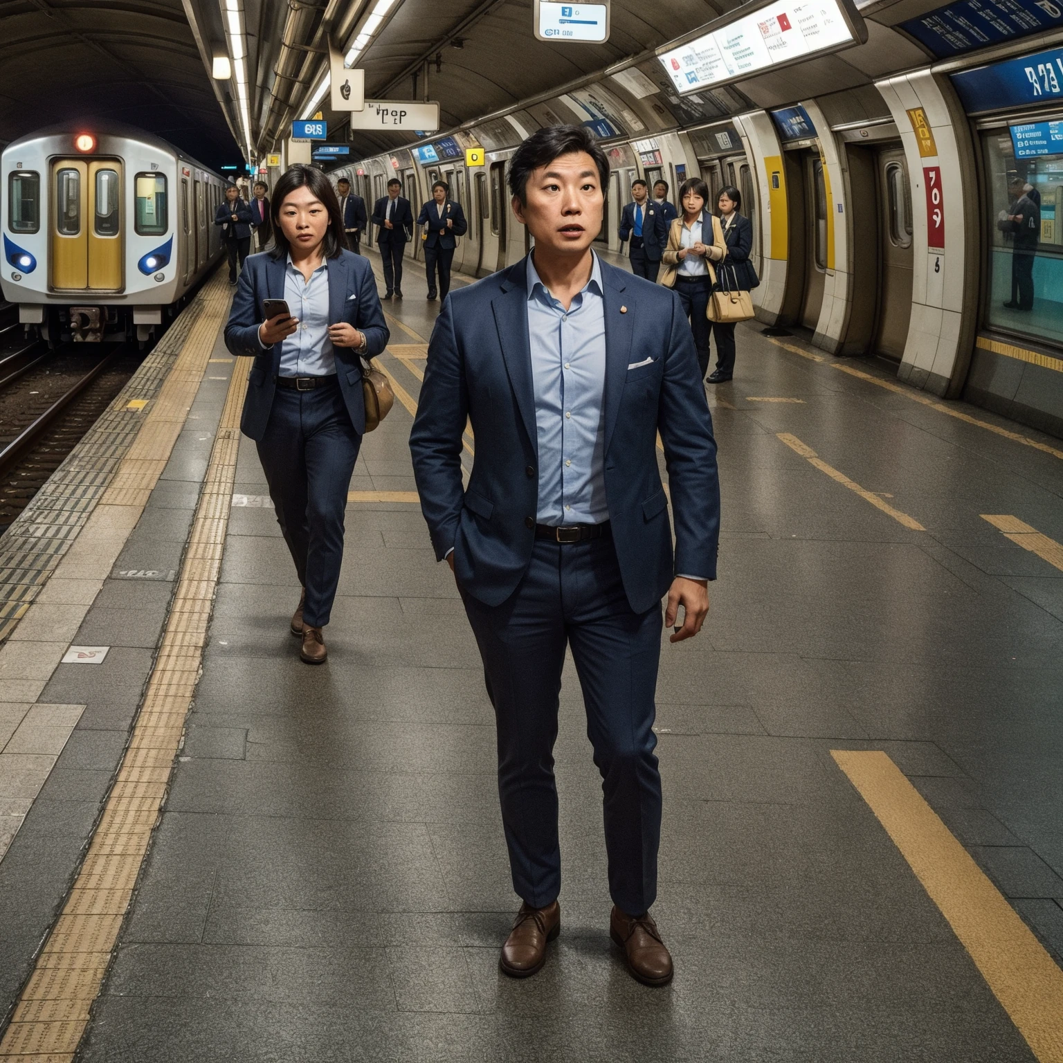 An Asian man in business attire staring in disbelief at his phone that just slipped through the gap between the subway platform and train tracks. Hyper-detailed ground textures, realistic motion blur on commuters, subtle expression of frustration on his face, captured in the moment. Asian Realism, photorealistic, grounded lighting.