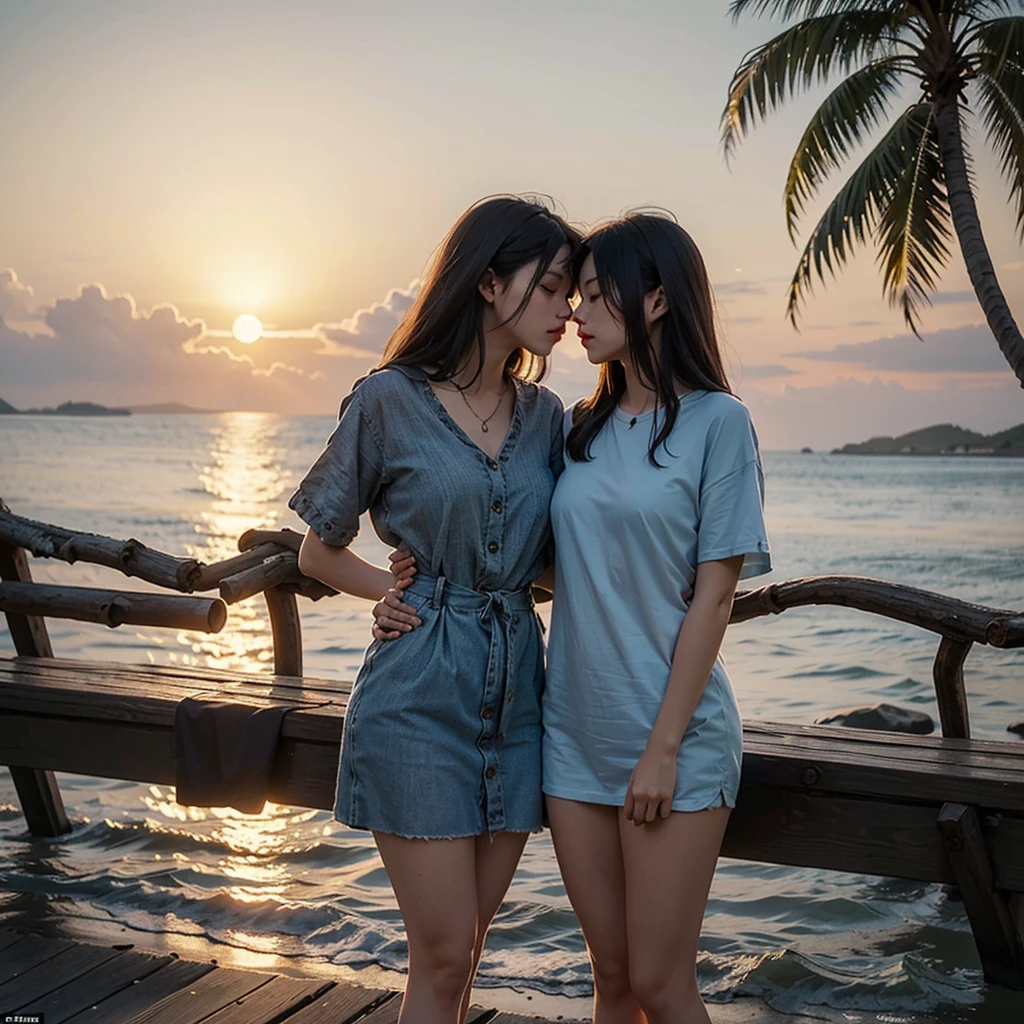 two women on a small bout, middle of a black lake, full moon, Smiling, brunette, highbrow, British, denim shorts, wet t-shirt,