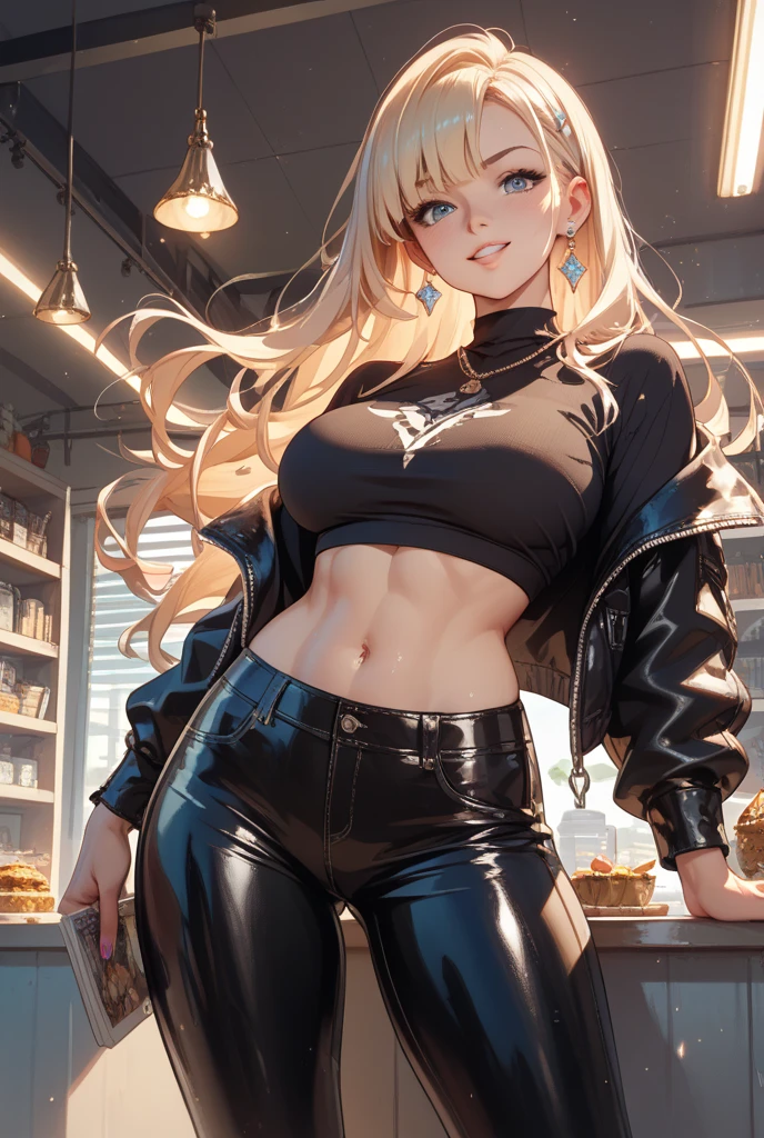 (masterpiece, detailed shadow's, detailed background, detailed background, best quality, expressive eyes, perfect face), (((gyaru, drinking coffee)), (( long curly hair, underboob,)), (wearing techwear clothes, tech wear fashion, techwear trouser, cyberpunk), ((pierced belly Button)), little tan, ((in crowded cafe)), drinking coffee, 