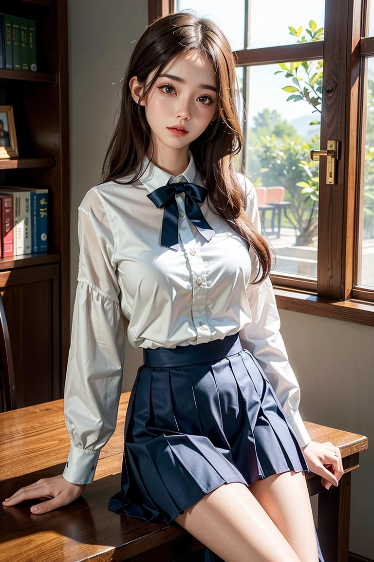ultra realistic 8k cg, picture-perfect face, flawless, clean, masterpiece, professional artwork, famous artwork, perfect face, beautiful face, beautiful eyes, ((perfect female body)), solo,(immersive atmosphere, chiaroscuro:1.5,bright light:1.2,luminous lighting)
,,(blush:0.5),seductive expression,extremely detailed_eyes,thick thighs,large breasts,
beautifully detailed background,depth of field,realistic:1.3, long shot,1girl,shirt,pleated skirt, school uniform, sitting, full body, 
(ambient light:1.3),(cinematic composition:1.3),(neon lights:0.1),(HDR:0.1),Accent Lighting, white pantyhose,
