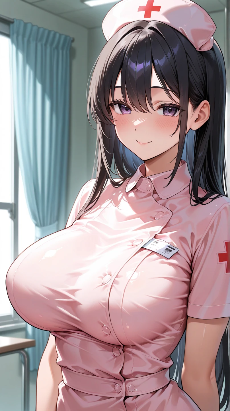 (mature european babe、Upper body:1.2)、(white nurse uniform, winding:1.4)、hospital、(big breasts:1.6)、(beautiful black hair:1.2)、(gentle smile:1.3)
