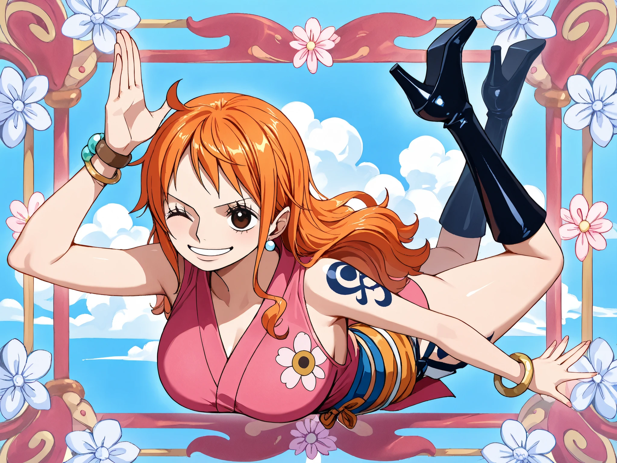 Thousands of flowers bloom, Ninja clothing, earrings, high heels, bracelet, tattoo , orange hair, masterpiece, healthy look 、 One Piece Nami、dynamic、Portrait、beautiful background with sky and clouds、camera、smile、 close one eye、full body、