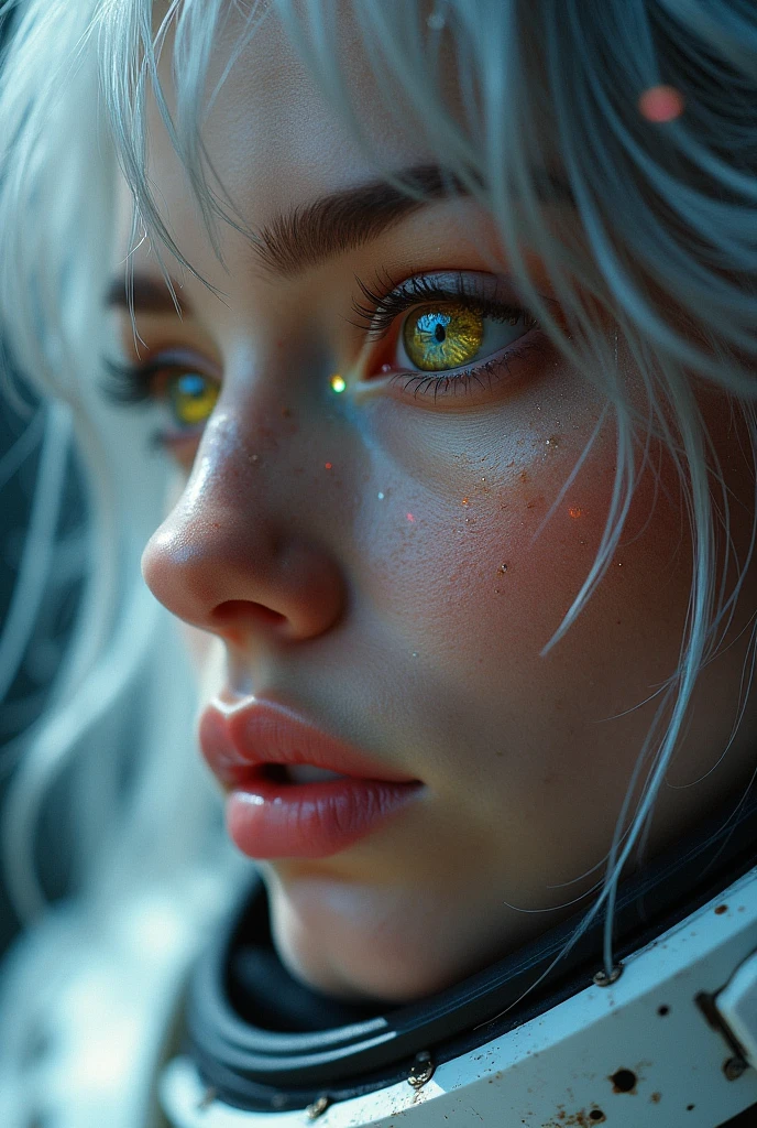 (Close-up of a masterpiece:1.5)0.9]，(Space and astronauts:1.2) (Messy silver hair:1.1) (Heterochromia yellow blue eyes:1.2) (Casque spatial:1.0) (Colorful stars in the eyes:1.0) (Dazzling light:1.1) (Thick lip:0.9)