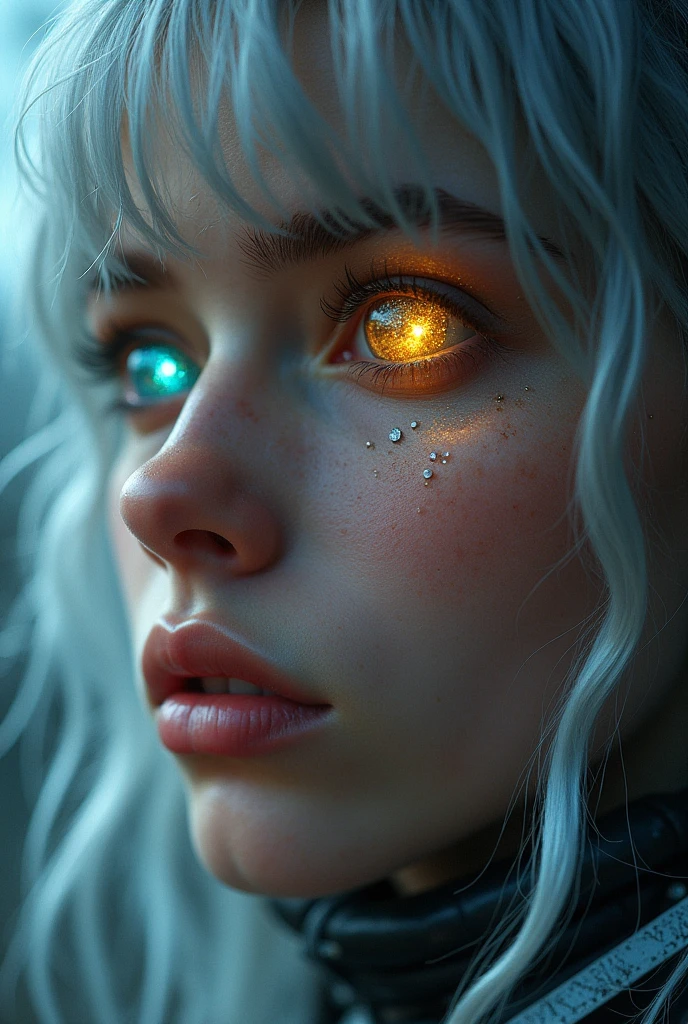 (Close-up of a masterpiece:1.5)0.9]，(Space and astronauts:1.2) (Messy silver hair:1.1) (Heterochromia yellow blue eyes:1.2) (Casque spatial:1.0) (Colorful stars in the eyes:1.0) (Dazzling light:1.1) (Thick lip:0.9)