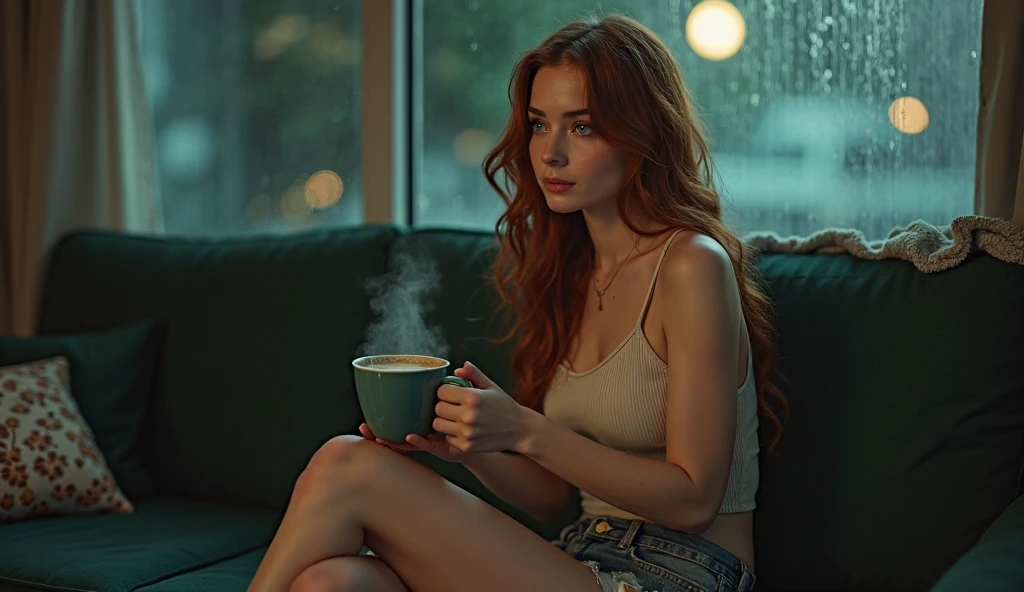 ((Best quality)), ((Meisterwerk)), (Detaillierte), crystal clear, photorealistic, realistic, 30 years old woman, laying on her couch, small breasts, looking happily into the camera, ginger red hair, red hair, messy red hair, messy hair, cat ears, she is waring an cozy pajamas, tank top, shorts, small breasts, small cup size, photo shooting, living room, erotic atmosphere, sexy, green eyes, perfekt eyes, beautiful eyes,