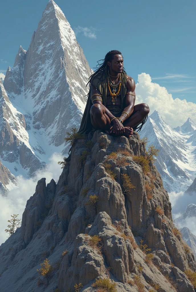 
Create realistic image of  the land of Shumba, where the majestic mountains kissed the sky and the rivers flowed like lifeblood. Showing ancient African king in his throne. 