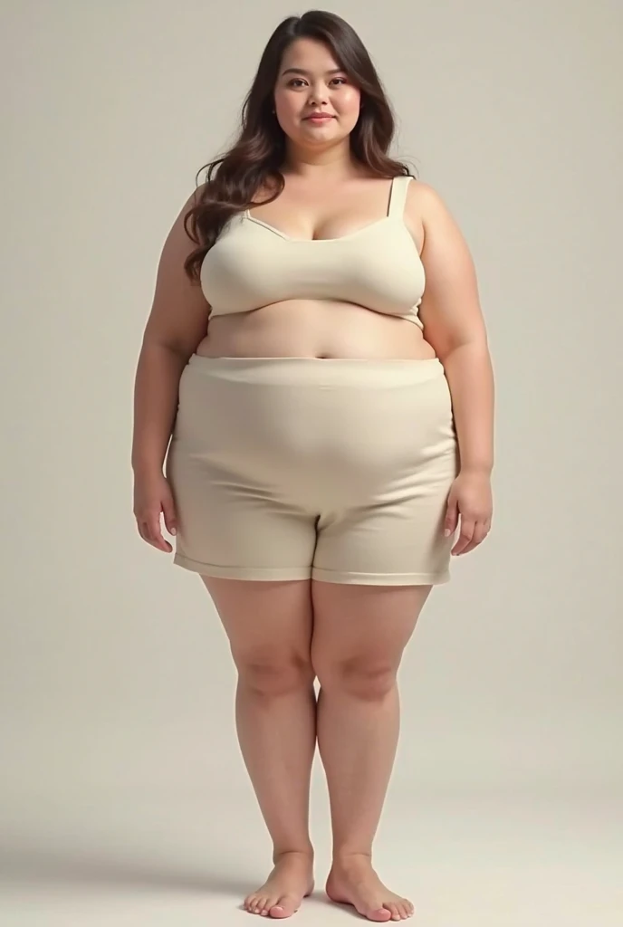 ((masterpiece, best quality)), ((((perfect anatomy)))), ((30 year-old)) (((Plus-sized))) German woman with brown ponytail hair, (in white bra), (((White high cut panties))), standing in front of grey screen, dark eye shadow, ((photo realistic))
