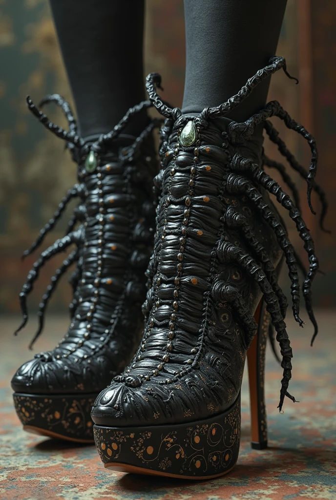 a void creature like woman with black tentacles showing her feet focus on soles from bottom view happy background