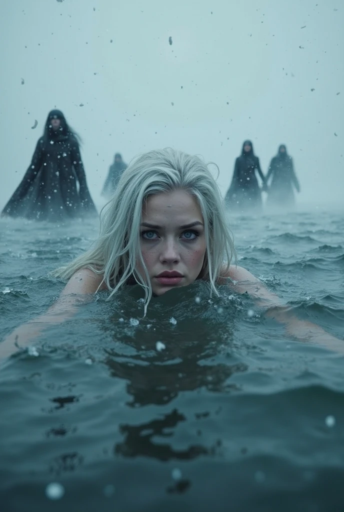 Three Qalupalik women slowly emerge from the dark water of a frozen lake. Their faces are distorted and frightening, with bright, piercing eyes that seem to peer into the soul. Their long, disheveled, seaweed-like hair floats around them, while their bodies are shrouded in dark veils that mingle with the water. Moonlight illuminates their pale, translucent skin, accentuating the wrinkles and ominous features of their faces. A light mist floats on the surface of the water, adding an atmosphere of mystery and danger. Bubbles billow around them, and a distant murmur, like a melancholy song, echoes in the air.