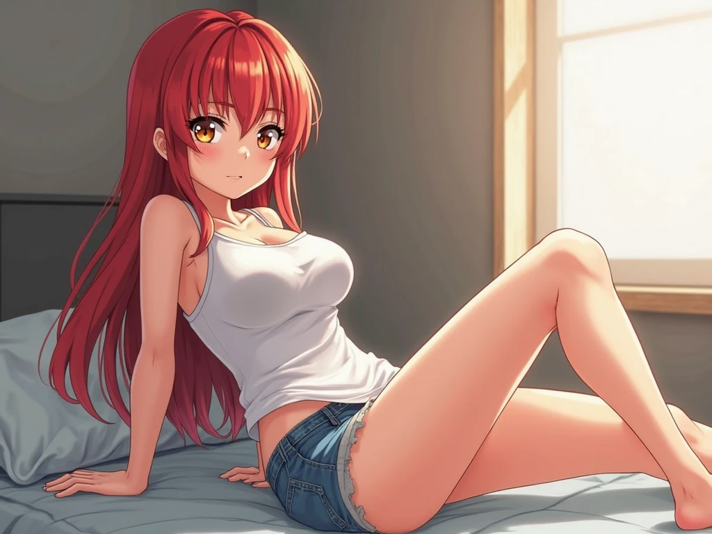 1girl, red hair, , no shoes, thighsocks, navel, midriff, 