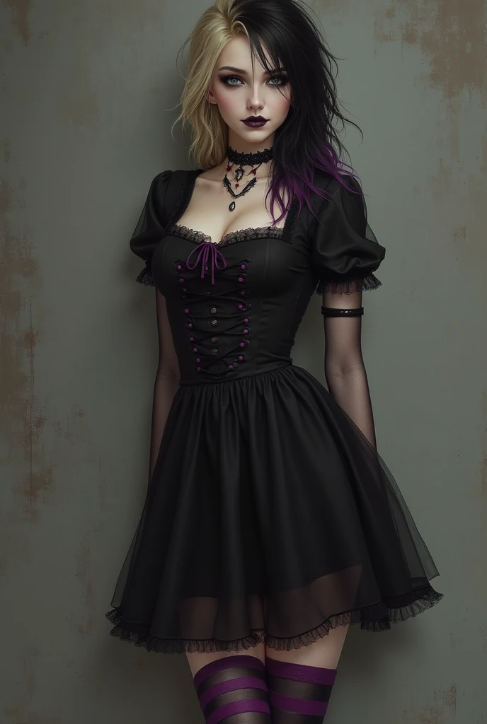 1girl, goth, purple hair, off the shoulder, pigtails with bangs, fishnets, full body shot