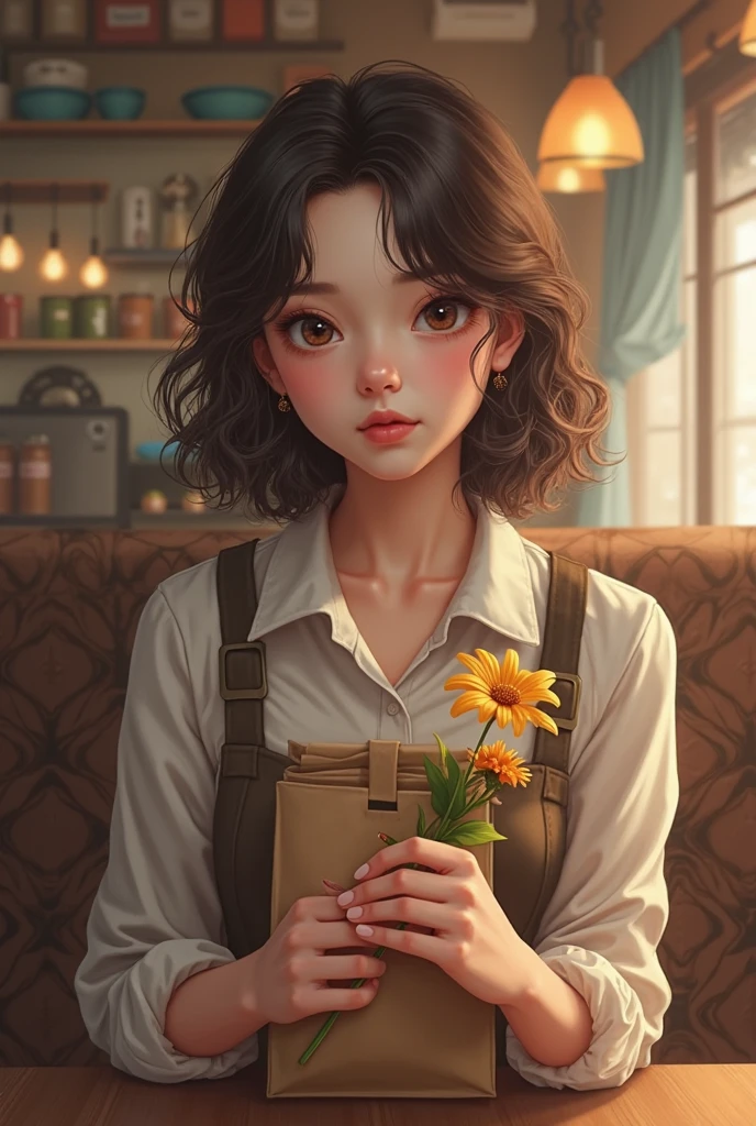 Sixteen years old boy with big, brown and curly hair. He has a yellow flowers in his head. He's eyes are orange. he's dressing a yellow cardigan with a blue overall. shy and a little bit sad. He's holding a wine glass. There are some butterflies around him