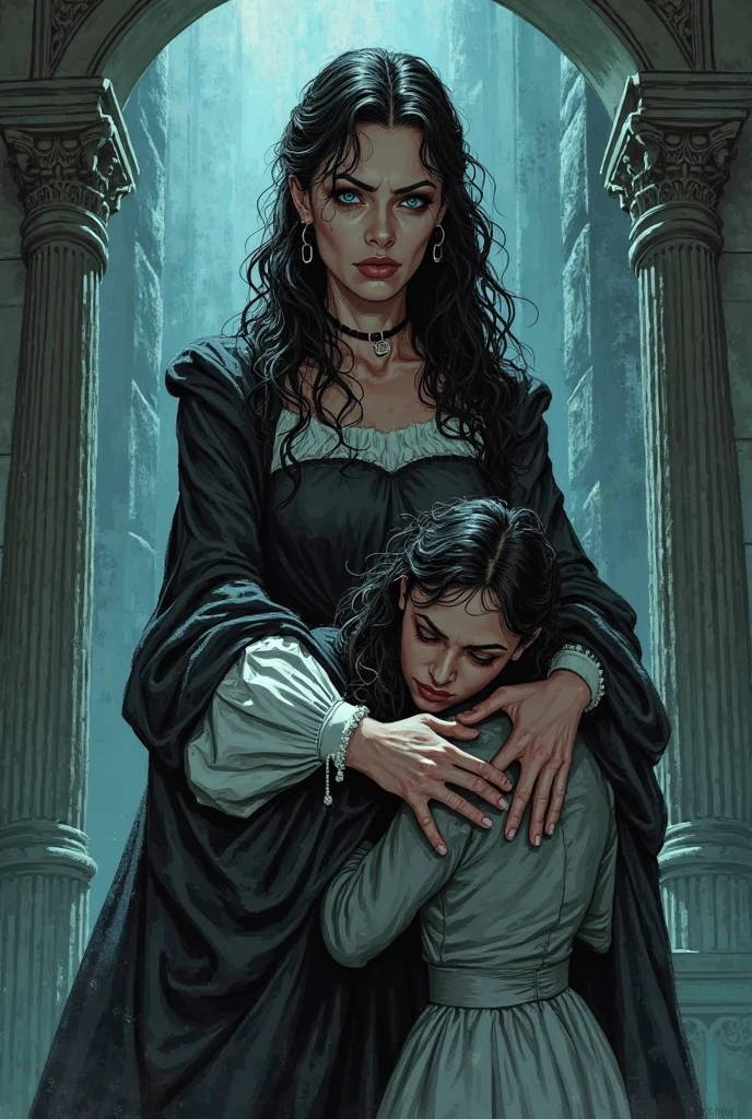 Newly giving birth woman lying down holding her baby in her arms, woman Black hair, blue eyes, Baby man, blue eyes, black hair. Destroyed town background, The Witcher.