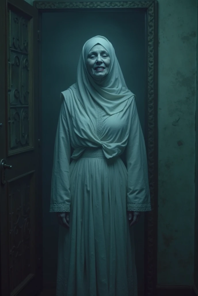 photo of a transparent ghost, transparent fullbody, in a crypt, eerie lighting, chilling expression, oldy granny strewn about, smiling and frightening aura, perfect photo, detailed, Photorealistic, best quality, 8k, HD, DSLR, Fujifilm XT3, award winning