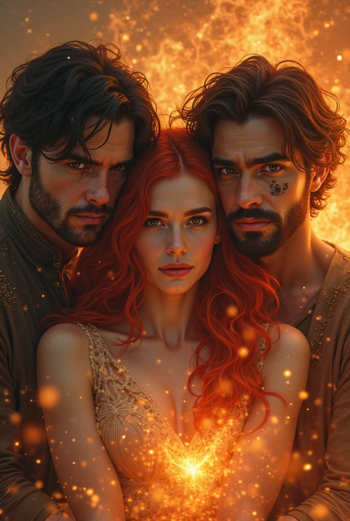 two women, E um homem, one with red hair and the other with dark brown hair, slightly wavy hair, (work of art,Distinctive Quality,mirror-like,Cinematic experience,incredibily detailed,absurderes),8k,wall-paper,(ray tracing),Physically based rendering,ultra-fine painting,Narrow your focus,BreakingR(1 female),(corpo astral:2.0),(beautiful  face),(gorgeous eyes),(perfects eyes:1.6),(shining skin:1.2),Breaking,(breasts big),(Sexy thighs),(functional),(voluptuous),(正面:2.0),(all-body:2.0),(Look up at me),(detailed hands:2.0),(beautiful female hands:2.0),(goddess portrait,Cosmic aura,universe space,iridescent particles,Light Diffuse Reflection),(彼女はゆったりuniverse spaceに浮いている:2.0) olhando para 正面, European men，3，Tall face，Handsome guy with chubby pectoral muscles，eyes large，Sexy and charming expression，bright and dark ocular membrane、well built、put your eyes、(and blue eyes)，gays gays、sow、brush cut！Nod and pull your head five times！！outdoor sports board！(高the detail8k)darkskin！lift your eyes！Open your eyes！ ((realistically)), Sexy white silk fabric！Raised sexy！[Flowing white silk dress worn by sensual Romans！The cathedral has stained glass windows]! !!!dermis, [ short hair the details, Shaved on both sides, white silver ]!! ultra details, Best quality at best, Strong light lighting, sharp focus, theater audience, The ascending lens is closer to the body, (( Lean Body Fat 15%，short hair the details！ shave the lados short, silver serum for health, body hair, silver hair,)), Full body lesbian, musculargigachad, super strong and cool, 40 year old, velues, a screenshot of Adam Dario Keel, reddit, Photographic realism, , Biggest chest, trunk, cuddly, muscle tissue, attractive man, velues的身体, gigachad, hideo minaba, chad, handsome and charming man, white undershirt