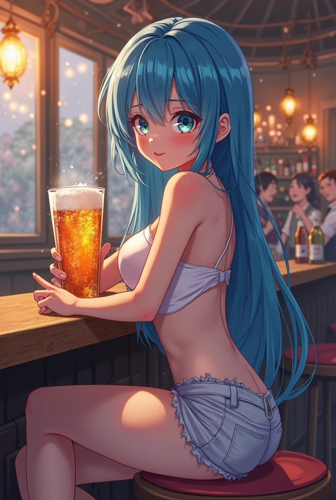 anime girl in a bikini holding a beer At the bar, Enchanting anime girl, Anime girl drinking energy drink, Attractive anime girl, Anime Best Girl, At the bar, Beautiful and attractive anime woman, Beautiful and attractive anime teen, Cute girl anime visuals, Sitting at a bar, Young woman anime visual, At the bar, by Narashige Koide