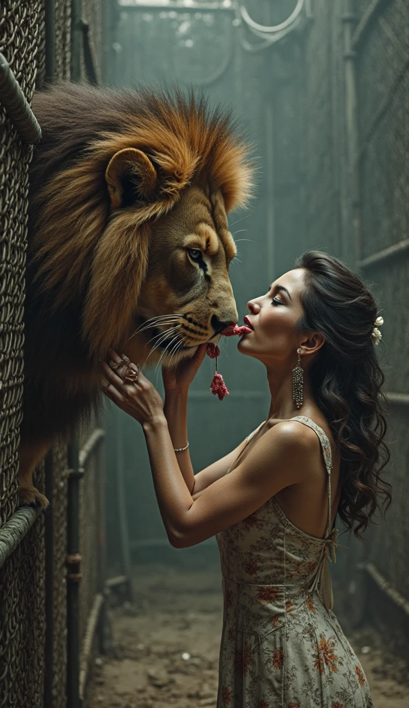 A white face woman small brown eyes , black long hair , red top with black jeans , beautiful hands eating with lion in restaurant