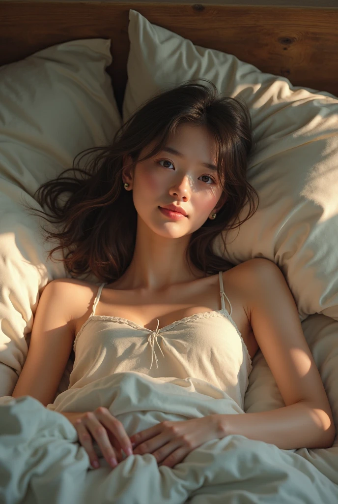 1 beautiful girl,Wear lace pajamas，Lie on a soft bed,hair messy，Disheveled clothes，Naked all over the body，from above view，Soft light