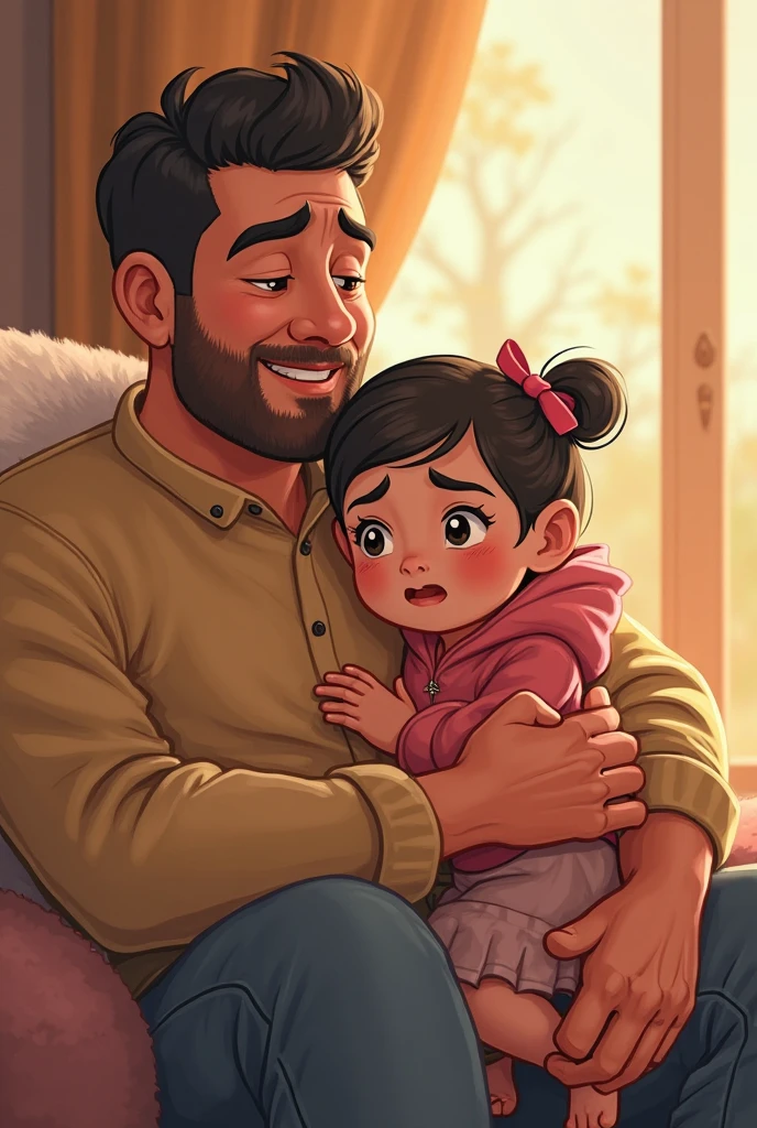 A father with his daughter 
The father has black hair and beard
The youngest daughter has black hair 
White background
Design