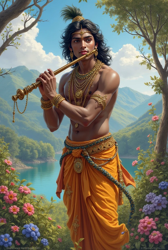 a painting of a man sitting on a rock with a flute, the god of music, puṣkaracūḍa, lokah samastah sukhino bhavantu, god of nature, hindu aesthetic, the creator of earth, by Ram Chandra Shukla, the creator of the universe, divine being, god of dreams, divine god