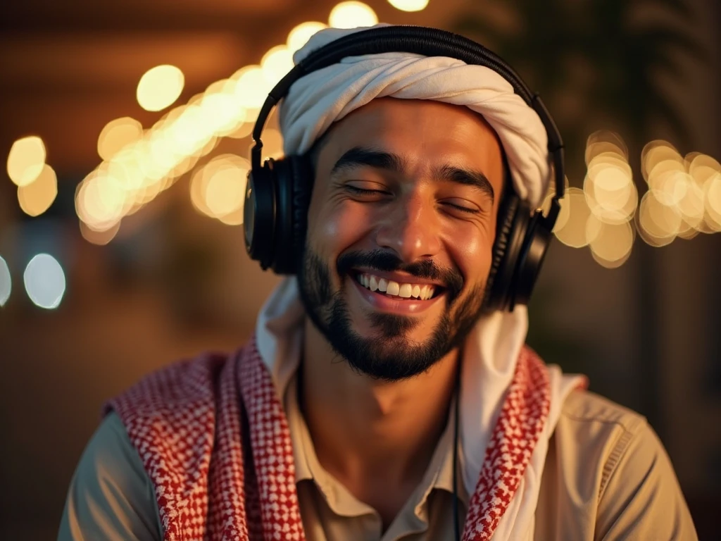 A Muslim man listening something wearing a headphone, a smile in his face .