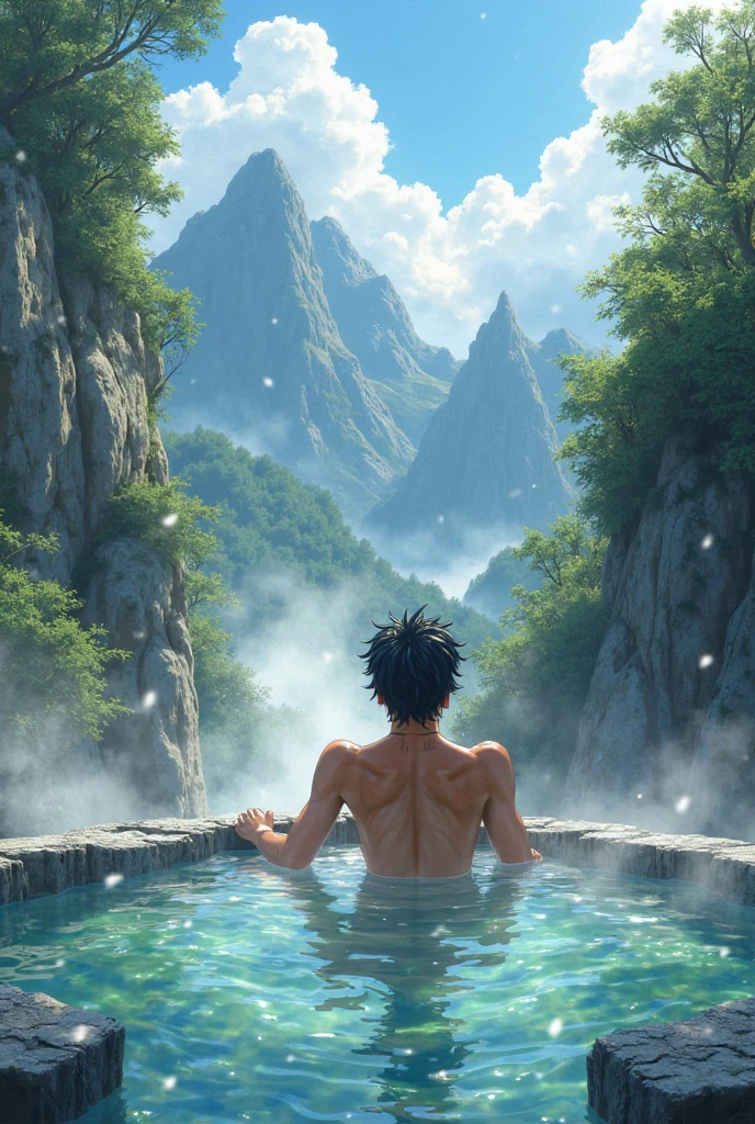 1guy, black hair, topless male, outside in a lush forest, (night time), natural hot spring surrounded by rocks, bathing in the hot spring, fog, waterfall, [shot from afar]