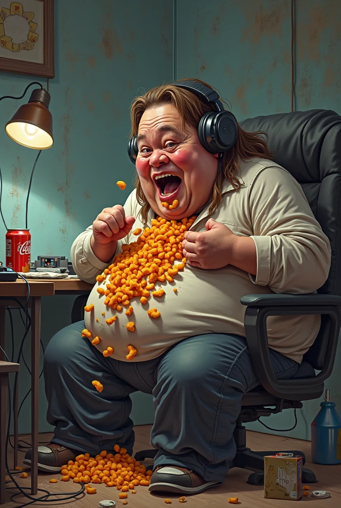 Make a 40 year old morbidly obese man who has his hands full of cheetos who is all greasy who plays league pd legends who has a black neck who has his room full of anime posters who is called chok But who is playing ay who is also full of pizza boxes his room And that his room is full of socks and dirty clothes and that his room is dirty who is shirtless and who has a tender face and who wears glasses and who has no tattoos and who has his gamer headphones on and who is playing league of leagends