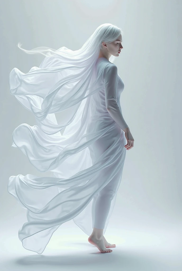 One in a white dress,Refined face,Full body photo,Faraway view,Close-up of blue-haired woman, Translucent dress, futuristic and ethereal, pale robe, smooth 3d cg render, white polygonal dress, inspired by Russell Dongjun Lu, unreal engine rendered + A goddess, intricate white dress, by Russell Dongjun Lu,, futuristic fashion, clear curvy details