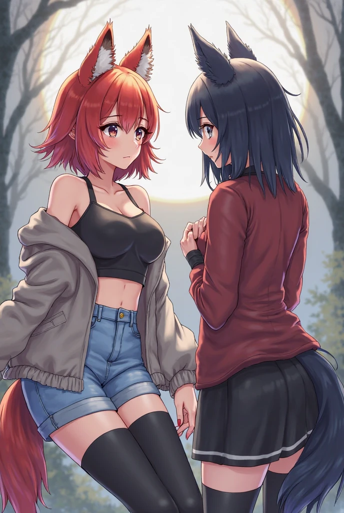 (Masterpiece) (High Detail) (High Res) A short humanoid girl with pale human skin and blue eyes and long blue hair and blue dog ears and a fluffy blue dog tail and average breasts. She is stood in the park wearing a large oversized hoodie and small denim shorts. She is kissing a taller girl with black hair and black dog ears and a thick black fluffy tail and is wearing a skirt and nothing else.