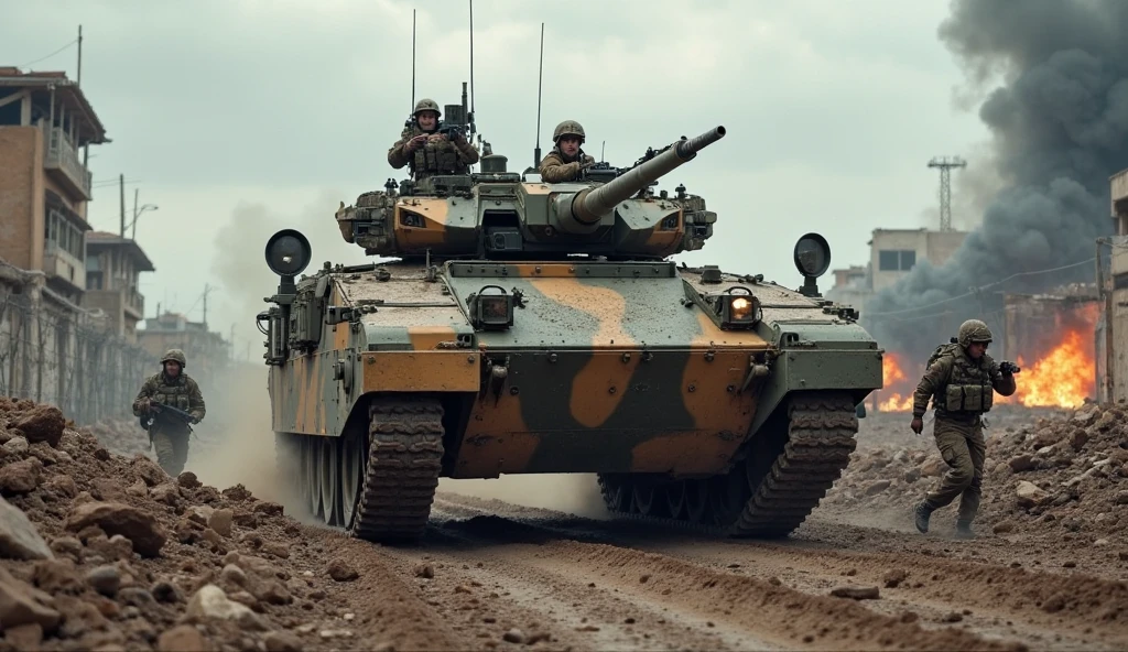 The image shows a futuristic armored combat vehicle, combining elements of the German Marder 1A2 and the Republic TX-130 from Star Wars. The main body is the shape and size of the Marder 1A2, with its angular lines and robust armor, keeping the gun turret on top. However, instead of the classic caterpillars, The vehicle is equipped with TX-130 antigravity repulsors., allowing it to float above the ground.
The vehicle's turret includes a dual laser cannon, typical of TX-130, mounted on the armored structure of the Marder. besides, The design incorporates space-age technological details, as light panels, emblems of the Republic, and a polished metallic finish.
In the background, You can see a futuristic battlefield, with explosions and smoke in the distance, giving the impression that the vehicle is in action. The landscape combines elements of a European setting with touches of science fiction.