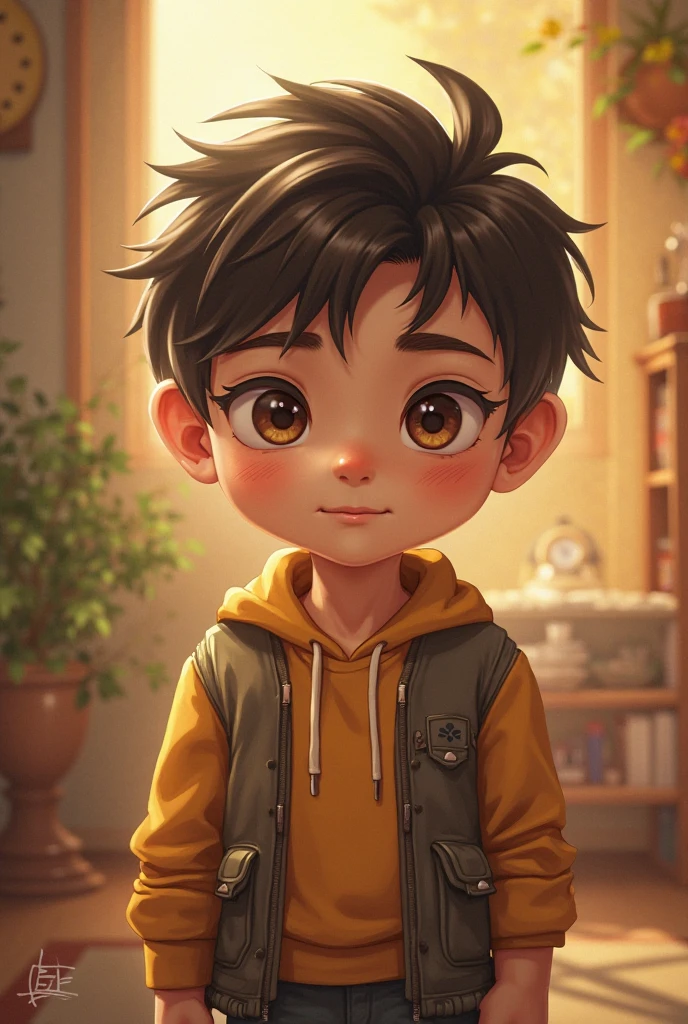 latino boy, 2d, black hair, brown eyes, curly hair.