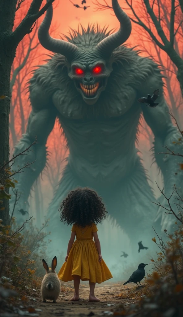 ancient forest, torn tress, broken tress, floor whit animal skeletons, Prowling Specters, Specters, ghost, demon whit Spectral Eyes, bloody, evening,Moonless night , Young girl without expression, Observe Hidden, curly black hair,Lost look ,Half naked, Demonic creature lurking, Terrifying atmosphere