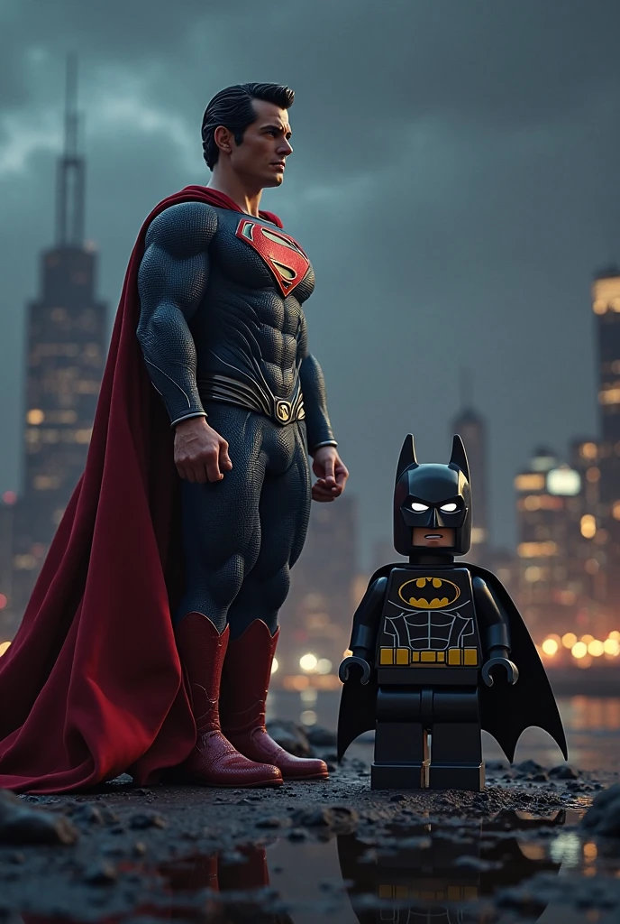 A strong, muscular father dressed as Batman, standing proudly in the center. On his right side, his elder son aged 4 is dressed as Spider-Man, striking a dynamic pose. On his left side, the baby son aged 2 is dressed as Superman, sitting or being held by the father, with a small, cheerful smile. They are standing in front of a city skyline at dusk, with the Bat-Signal visible in the sky, representing their superhero team.