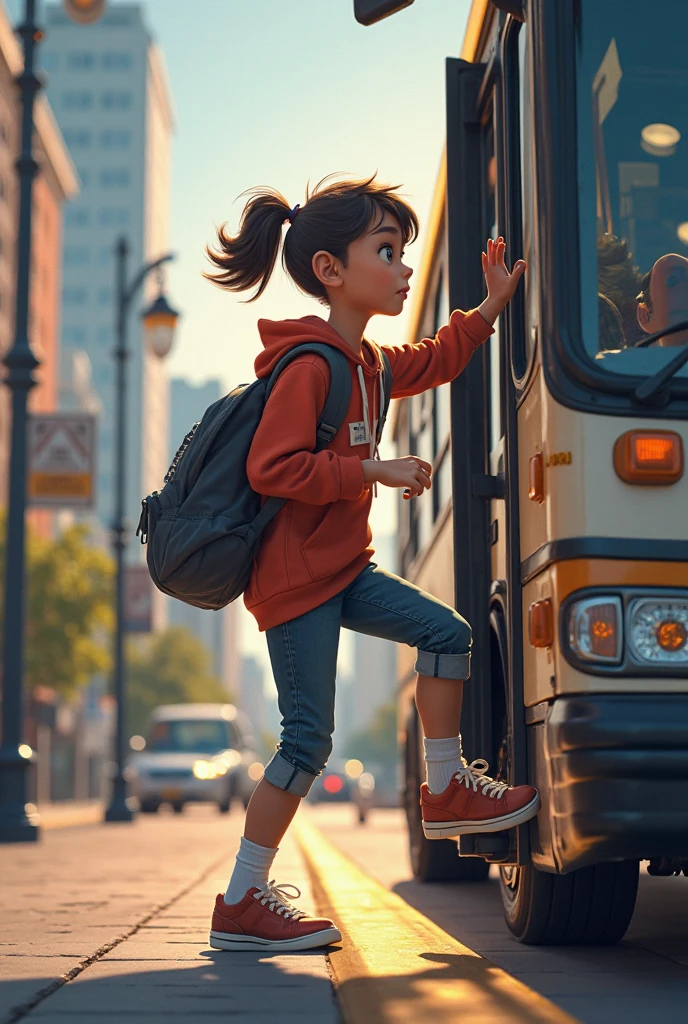 Happy student of Federal Institute getting on green bus
