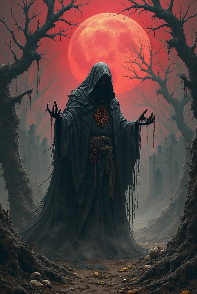 A pale, blood-soaked minister in the woods at night tearing apart corpses